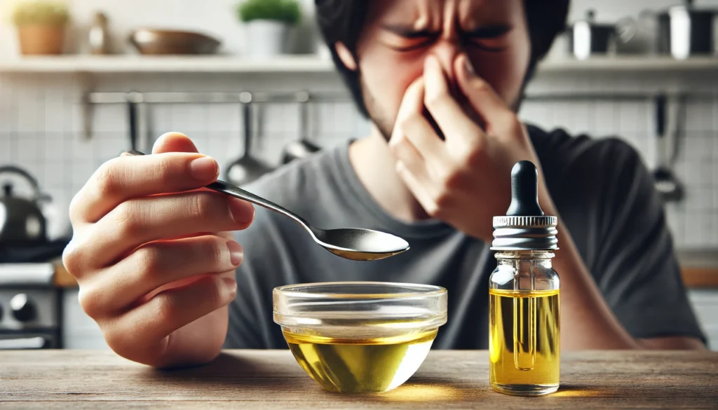 Cloudy yellow MCT oil in spoon with hand reacting to smell to show signs MCT oil has gone bad