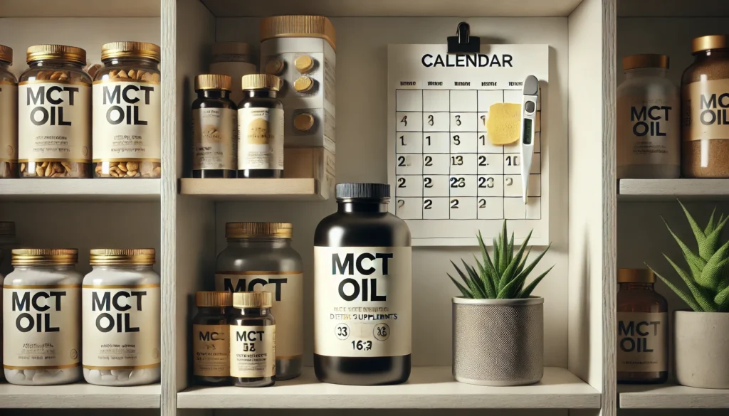 Dark glass bottle of MCT oil stored neatly in pantry illustrating proper MCT oil storage to prevent going bad