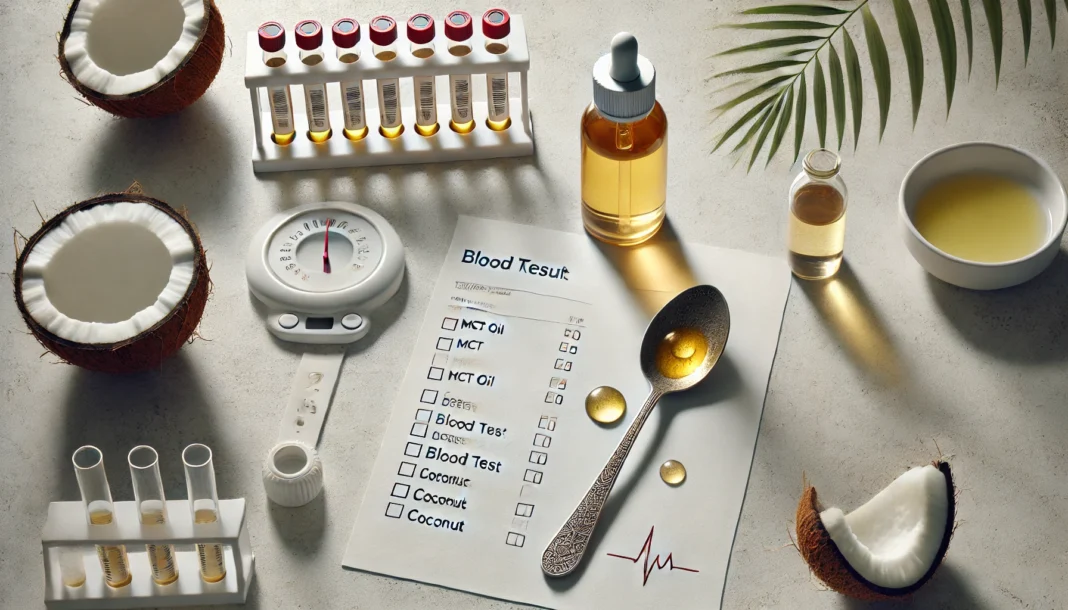 MCT oil bottle and health test results illustrating questions about whether MCT oil increases LDL cholesterol