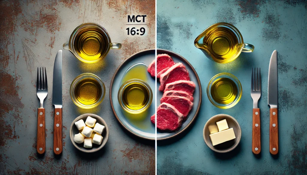 Side-by-side visual comparing MCT oil with traditional saturated fats like butter and red meat