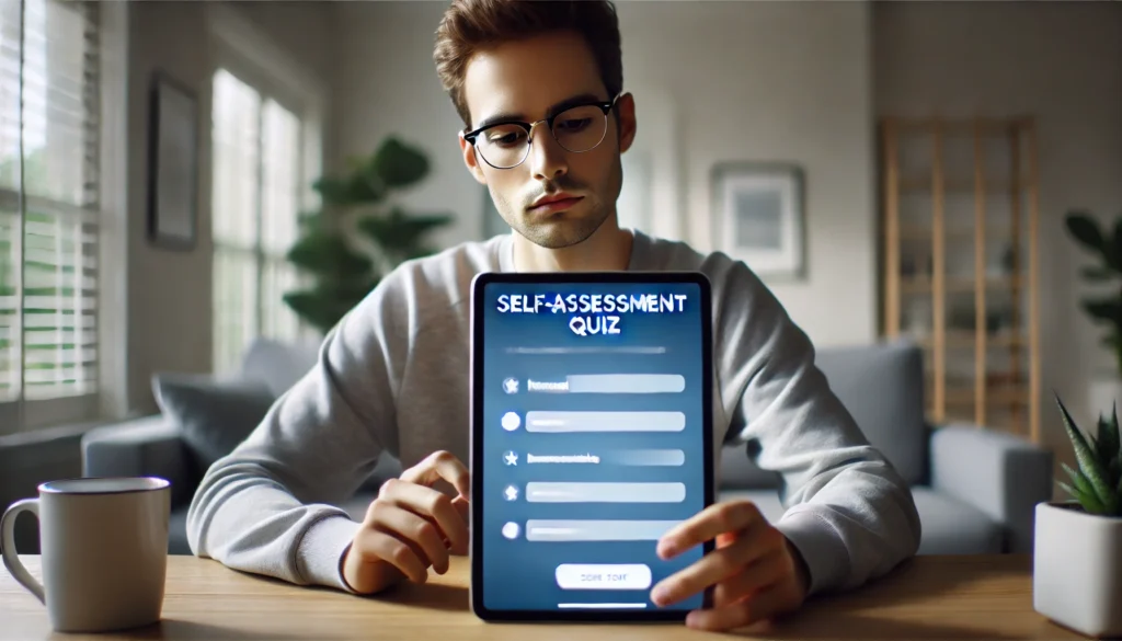 Concerned adult reviewing a dementia self-assessment quiz on tablet, exploring does my mother have dementia