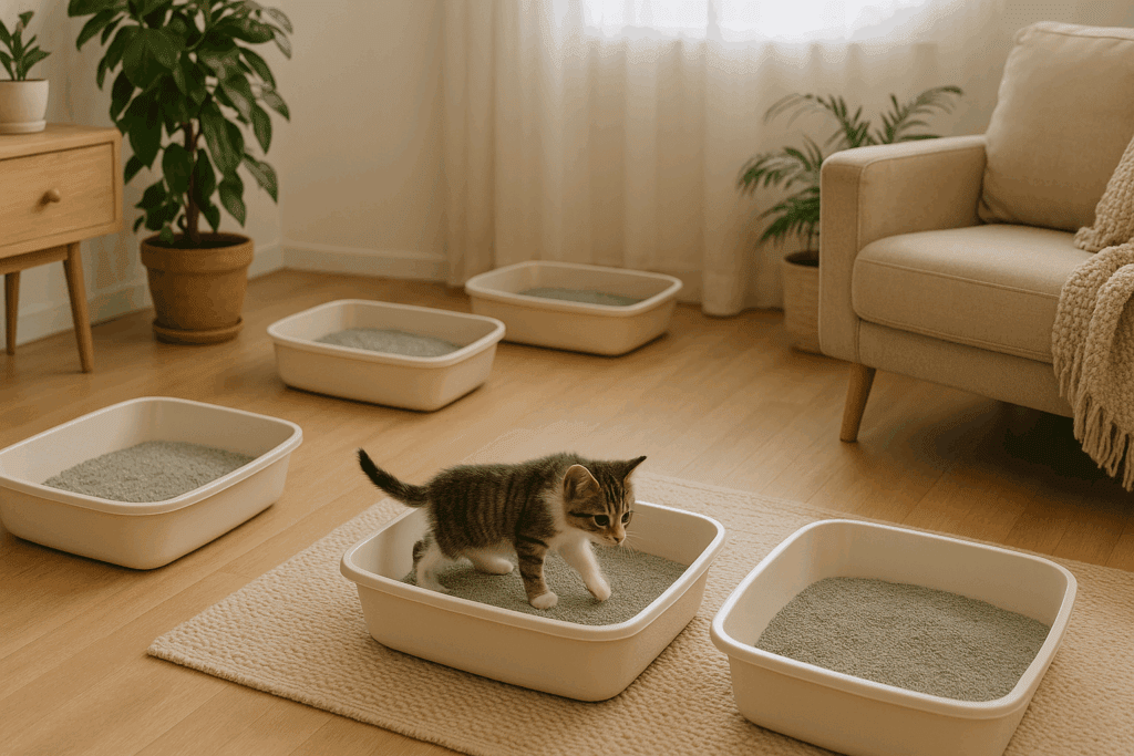 Kitten exploring a clean litter box in a cozy living room, illustrating healthy litter box habits in a home setting.