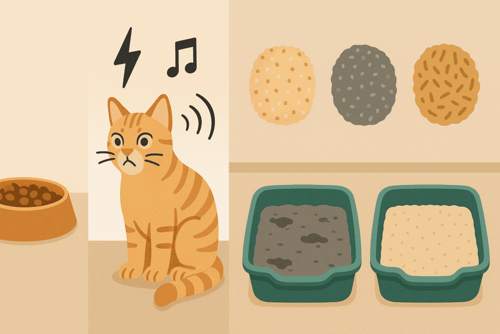 Illustration showing key factors that influence litter box habits, including cat food, stress signals, different litter textures, and clean vs dirty litter boxes.