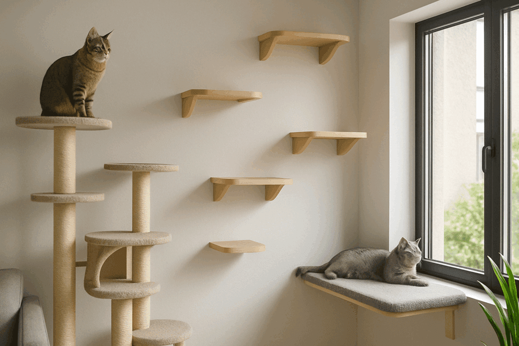 Modern living room with a cat using a multi-level cat tree and another lounging on a window perch, highlighting vertical spaces ideal for Dr. Elsey’s feline wellness approach.