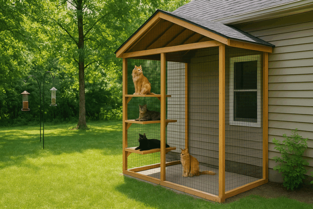 Cats relaxing in a screened-in catio with trees and bird feeders nearby, promoting a safe outdoor environment inspired by Dr. Elsey’s pet wellness approach.