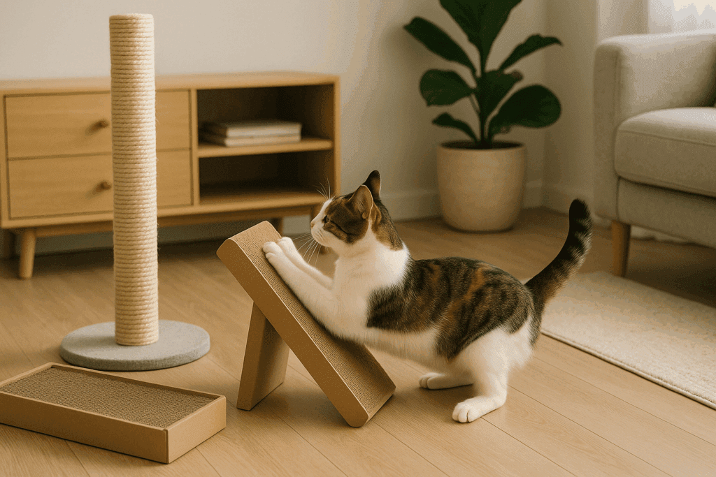 Cat scratching an angled cardboard scratcher beside a vertical sisal post in a clean home, using an enrichment setup inspired by Dr. Elsey's.