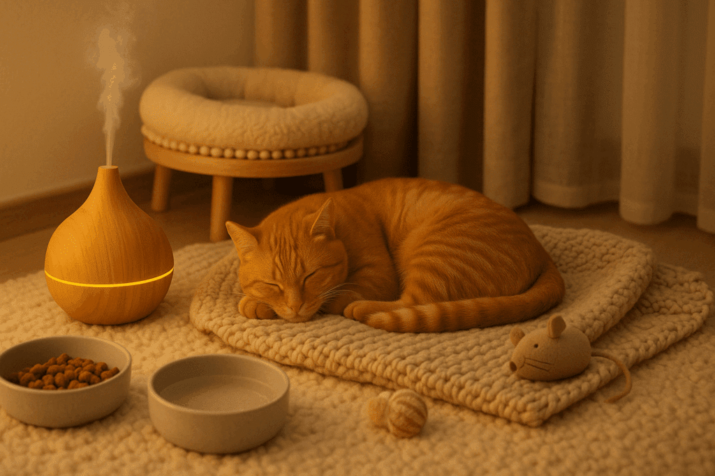 Calm indoor scene with a ginger tabby cat sleeping near a diffuser, plush toys, food bowls, and a cozy setup inspired by Dr. Elsey's feline wellness approach.