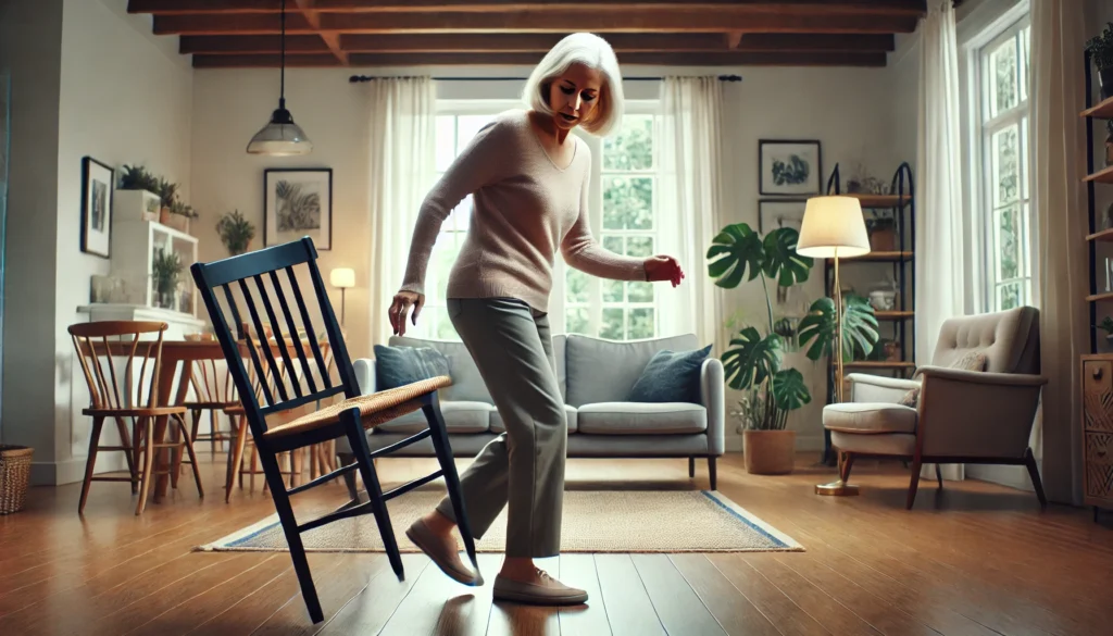 Woman showing early Alzheimer vision problems by misjudging furniture placement in familiar home