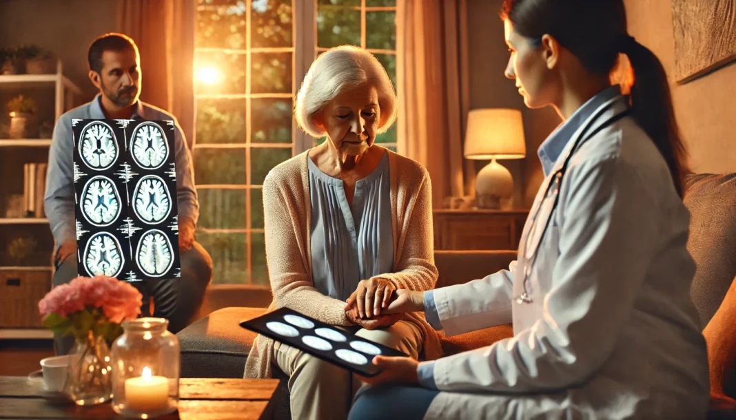 Elderly woman receiving early diagnosis of dementia with supportive caregiver and doctor reviewing scans.