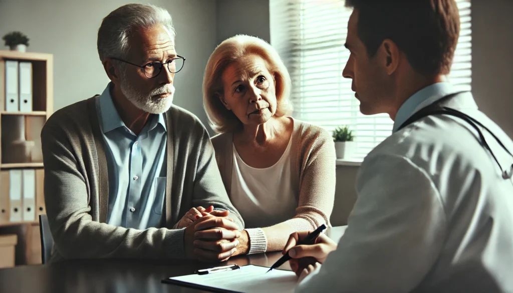 Elderly couple facing emotional hesitation during initial consultation for early diagnosis of dementia.