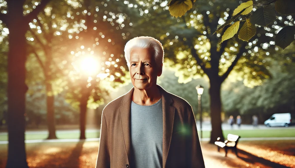 Senior man enjoying nature walk after early diagnosis of dementia, reflecting optimism and brain health.