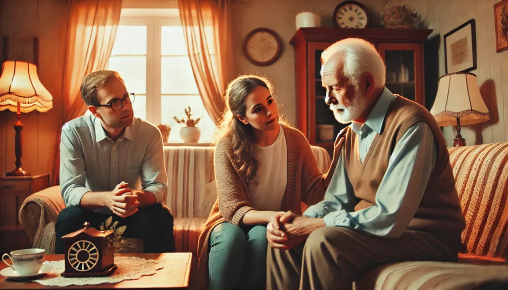 Grandfather struggling to remember family names, reflecting early signs of dementia in grandparents