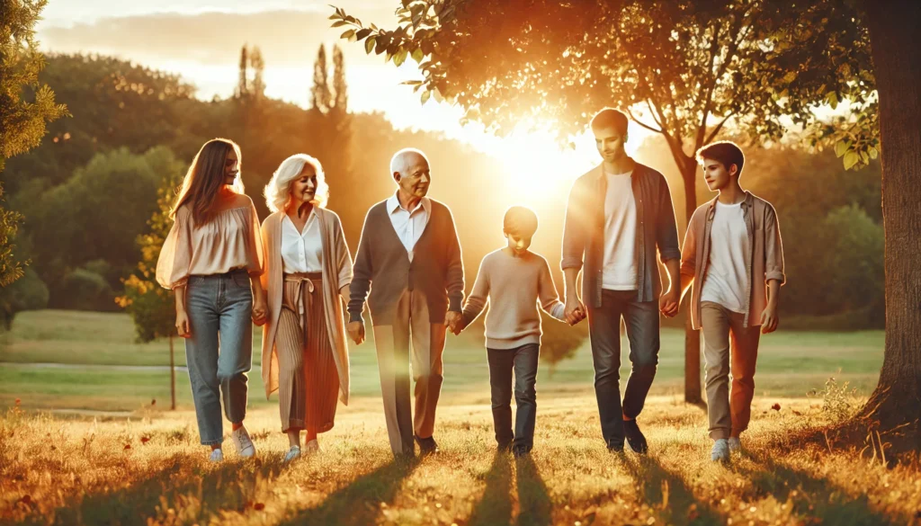 Family supporting an elderly loved one, symbolizing unity and awareness around early signs of dementia