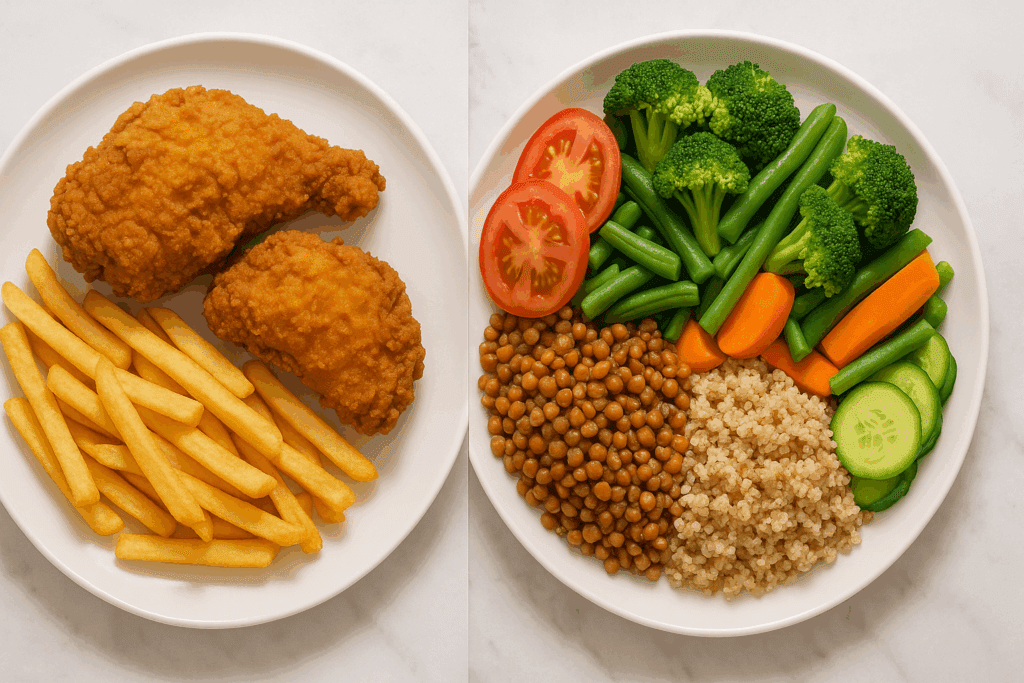 Split plate comparison showing fried chicken and fries beside colorful foods low in fat like steamed vegetables, lentils, and quinoa
