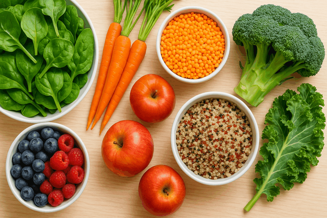 Colorful assortment of fresh foods low in fat including leafy greens, carrots, apples, quinoa, lentils, and berries on a wooden table