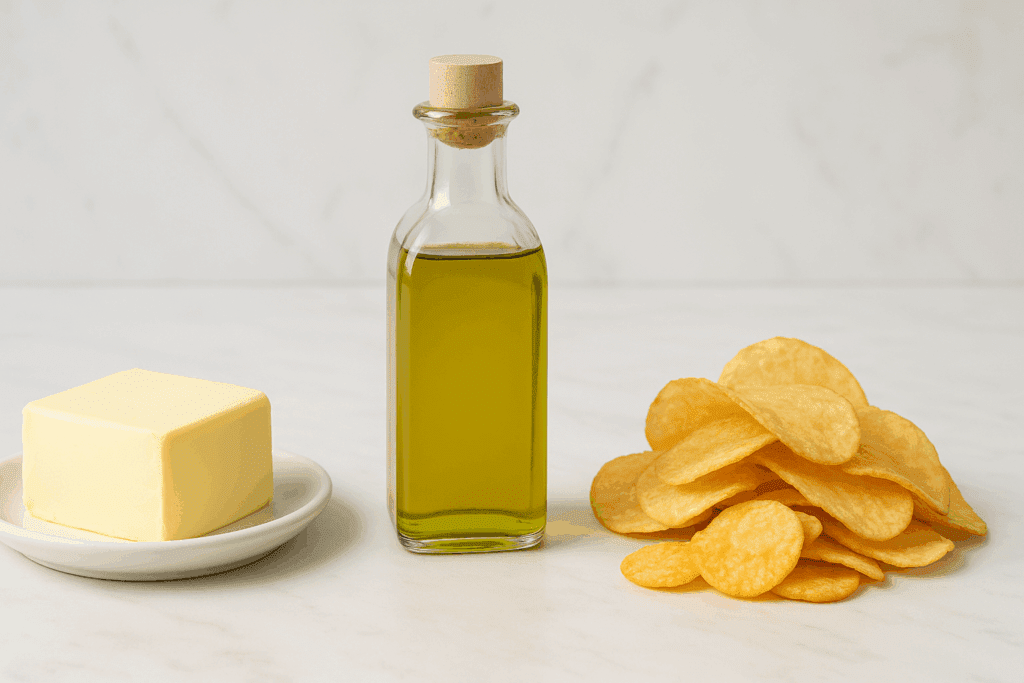 Visual comparison of foods low in fat including butter, olive oil, and processed chips on a white marble surface