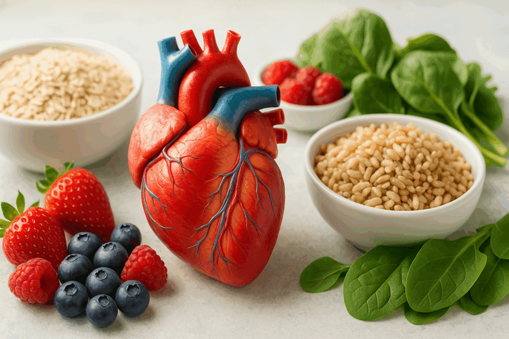 Healthy human heart surrounded by foods low in fat like oatmeal, berries, leafy greens, and whole grains on a clean, bright background