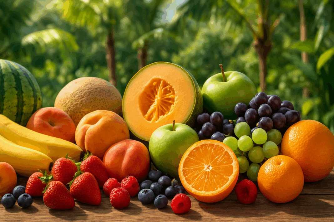 Colorful assortment of fresh fruits on a rustic wooden table outdoors, representing the abundance and health benefits of a fruit-only diet