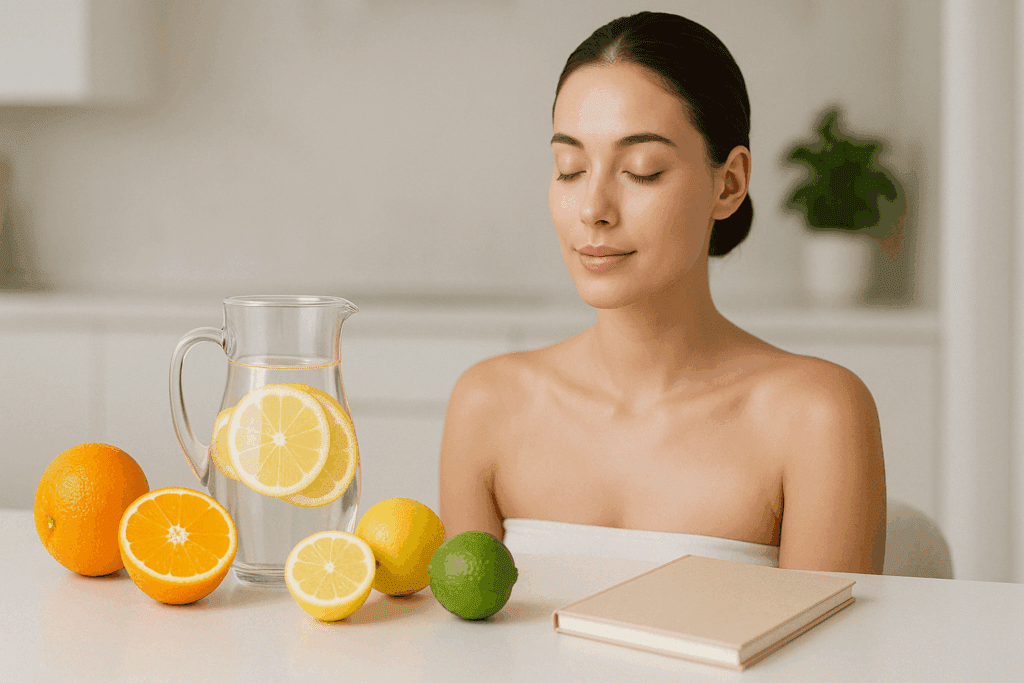 Woman with glowing skin sitting at a clean kitchen counter with citrus fruits and lemon water, symbolizing a fruit-only diet and detox wellness