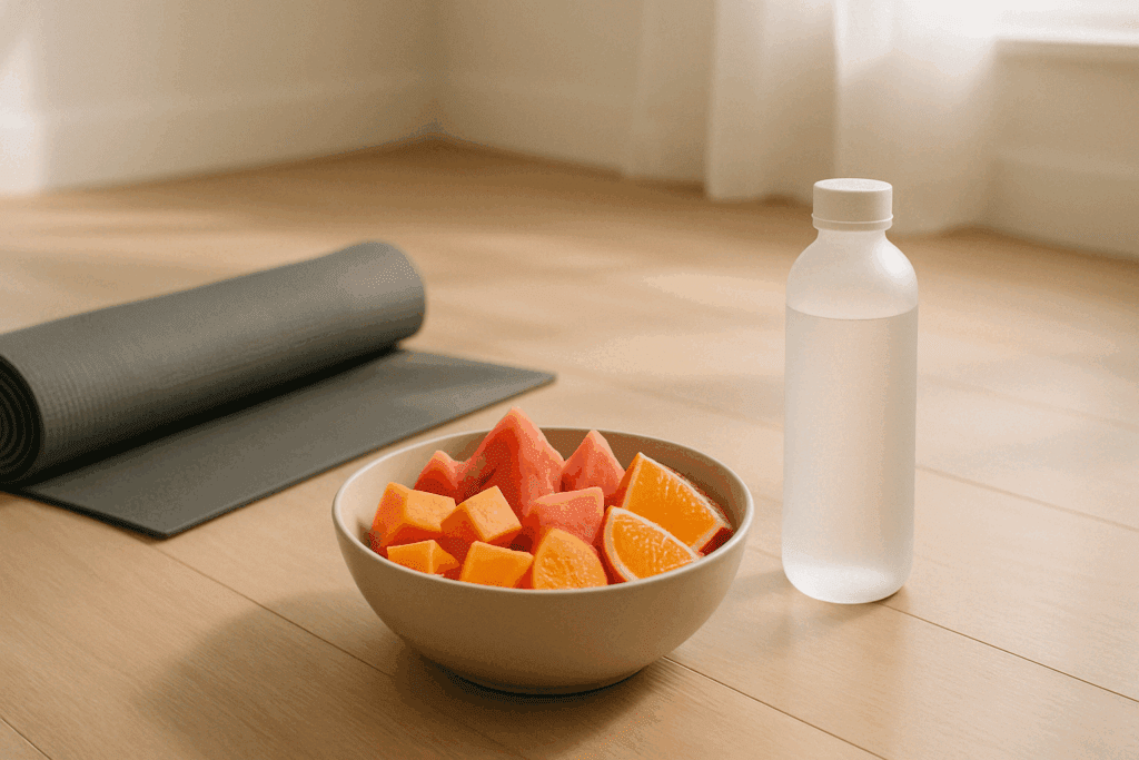 Minimalist setup featuring a bowl of fresh watermelon, papaya, and citrus next to a yoga mat and water bottle on a light wood floor, illustrating a peaceful fruit-only diet lifestyle