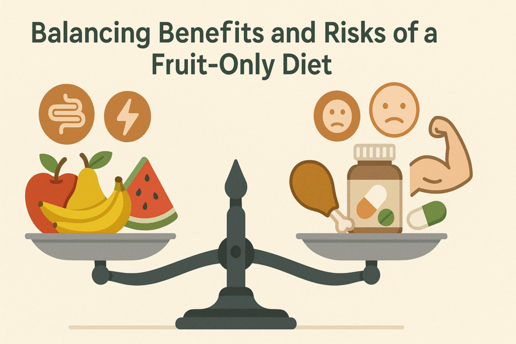 Balanced infographic with fruits on one side and protein with supplements on the other, symbolizing pros and cons of a fruit-only diet