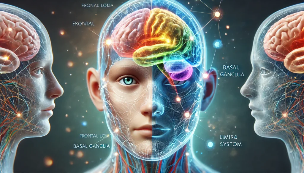 Conceptual image showing brain regions responsible for facial expressions affected in dementia patients.