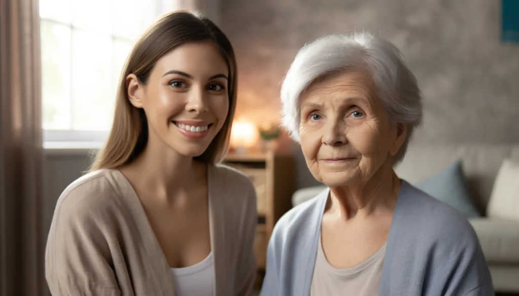 Caregiver engaging with an unresponsive elderly woman showing facial signs of dementia in daily life.