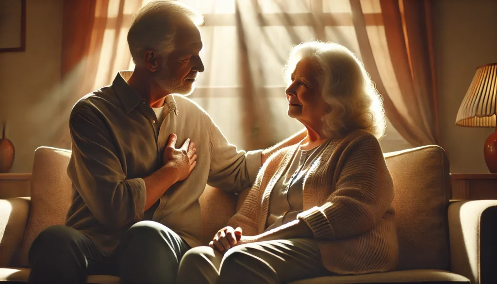 Elderly couple sharing a moment of connection despite facial expression loss from dementia.