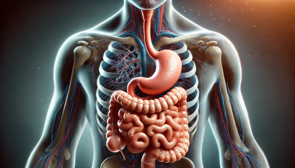 Anatomical illustration showing where gastrointestinal distress starts in the digestive system