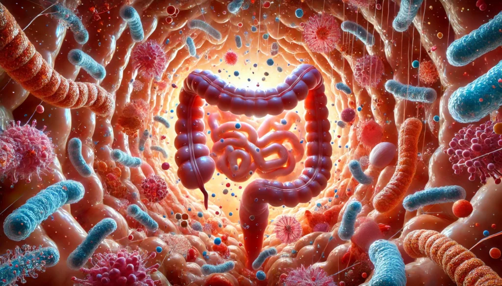 Artistic microbiome scene showing gut microbiota diversity and mucosal environment in GI health