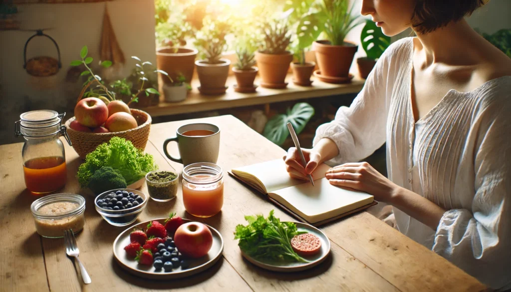 Calming scene of a person embracing gut health recovery through diet and self-care for gastrointestinal distress