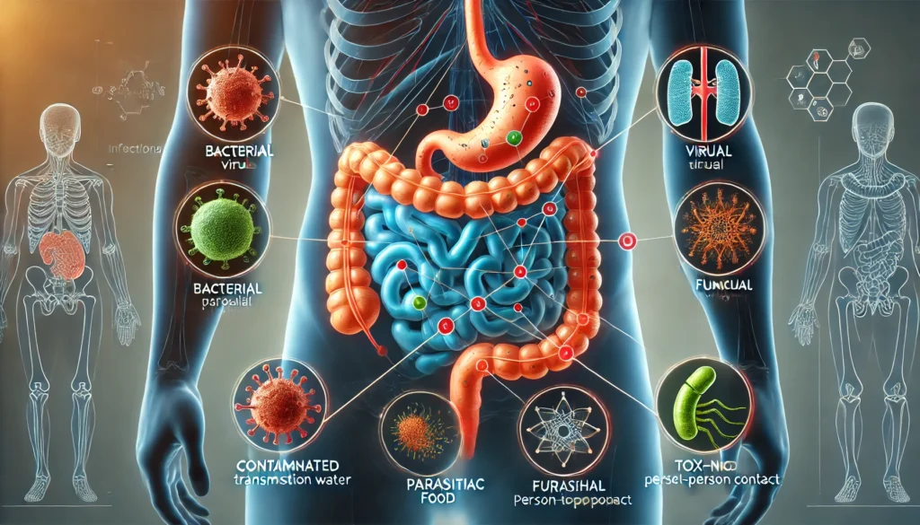 Infographic-style visual showing different types of gastrointestinal infections and how they affect the digestive system