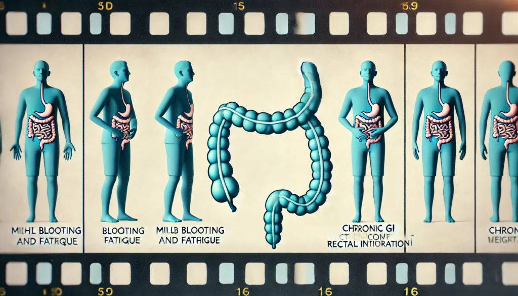 Visual representation of progressive GI symptoms from mild discomfort to chronic gastrointestinal disease