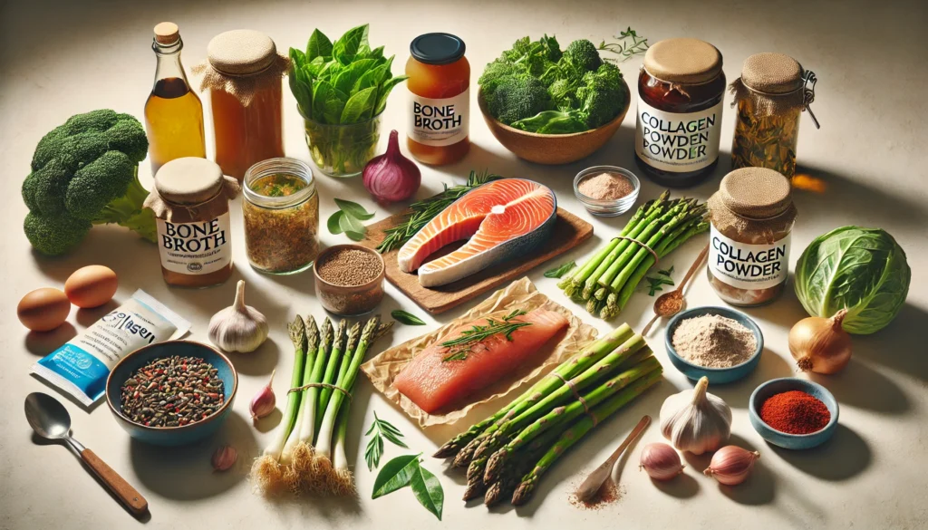 Collection of healing foods used to heal leaky gut in 2 weeks including broth, greens, and probiotics