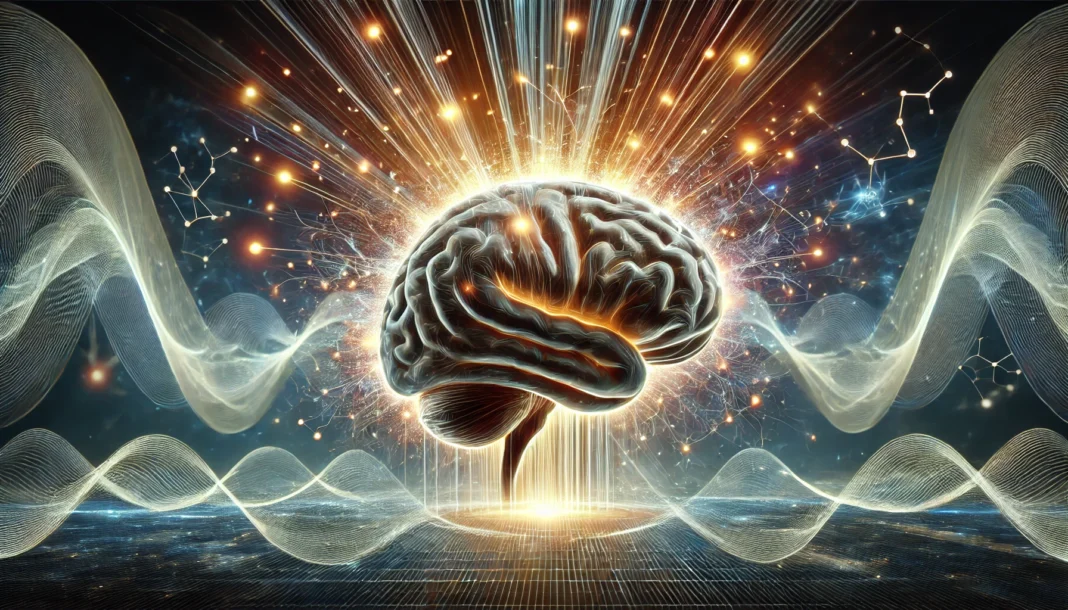 Abstract glowing brain with neural streams symbolizing peak cognitive brain functioning