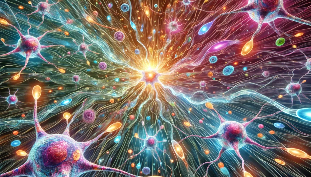 Microscopic neurons firing with neurotransmitters to illustrate biological basis of cognitive brain functioning
