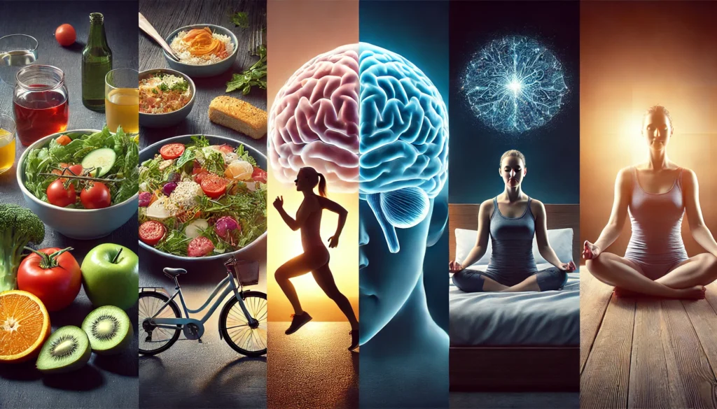 Person exercising, meditating, sleeping, and eating brain-healthy foods for cognitive brain functioning