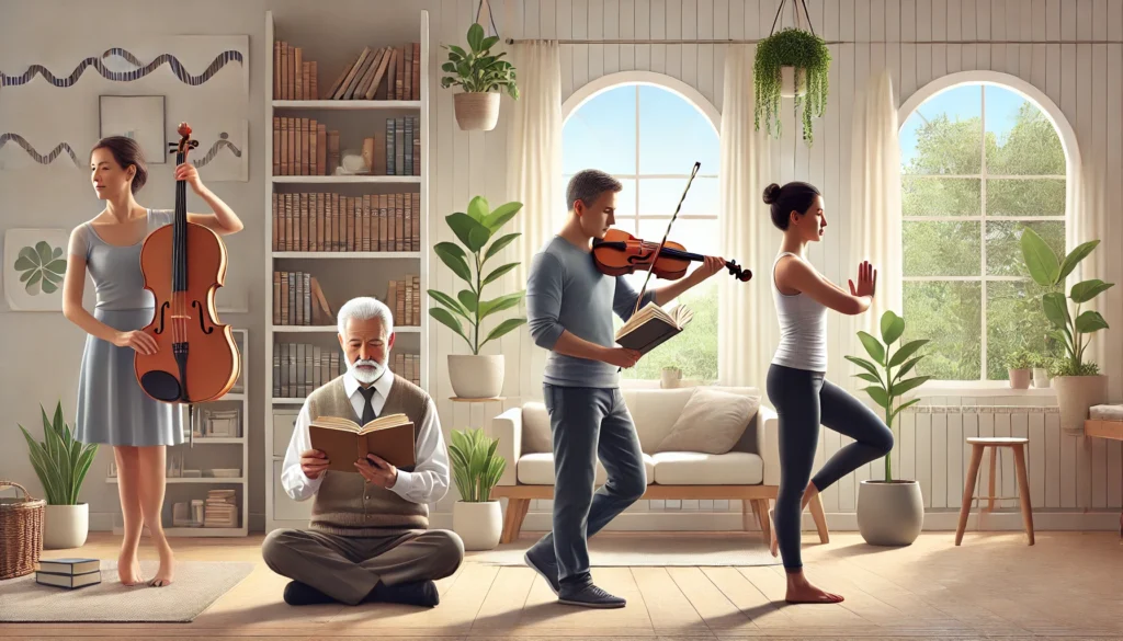 Adults engaging in violin practice, yoga, and reading to maintain cognitive brain functioning across life