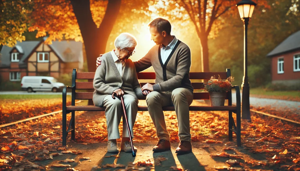 Elderly couple sharing a quiet moment in the park, symbolizing support through dementia and balance problems