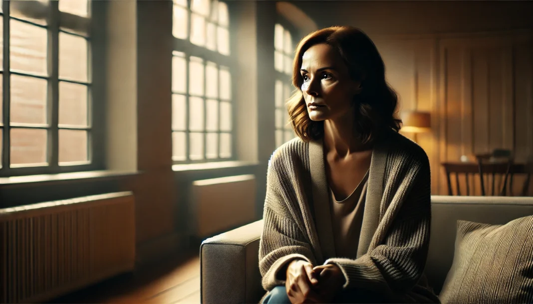 Woman in her early 40s looking concerned while sitting near a window, reflecting on how early can dementia start