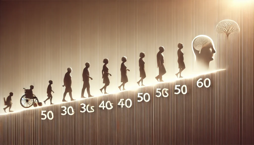 Timeline concept showing silhouettes of adults at different ages, symbolizing how early can dementia start