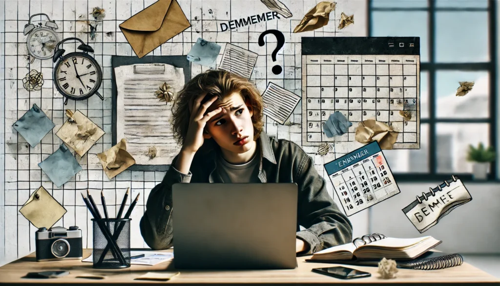 Young adult struggling with memory at work, showing signs of early dementia in professional settings