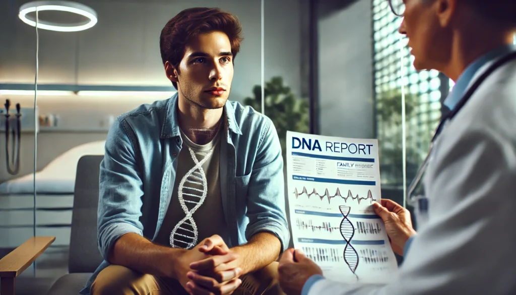Medical consultation scene with DNA chart, illustrating how early can dementia start in genetically linked cases