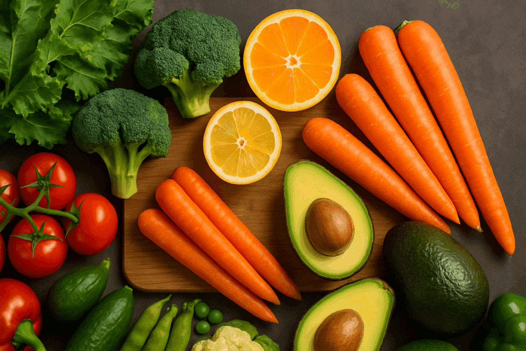 Colorful assortment of fresh produce on a cutting board showcasing a nutrient-rich fruit and vegetable diet, including carrots, avocados, citrus, broccoli, and leafy greens