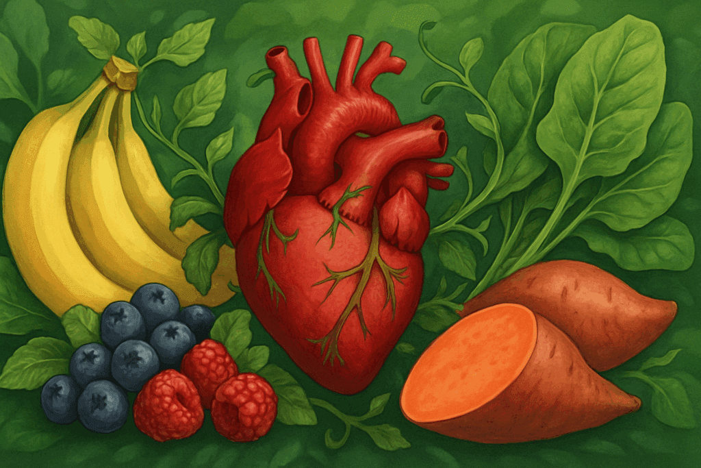 Human heart surrounded by bananas, spinach, sweet potatoes, and berries, symbolizing support from a fruit and vegetable diet