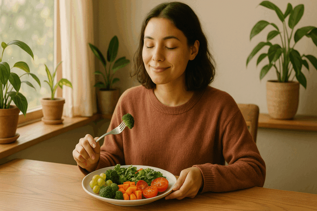 Woman peacefully enjoying a fruit and vegetable diet by a sunny window surrounded by houseplants