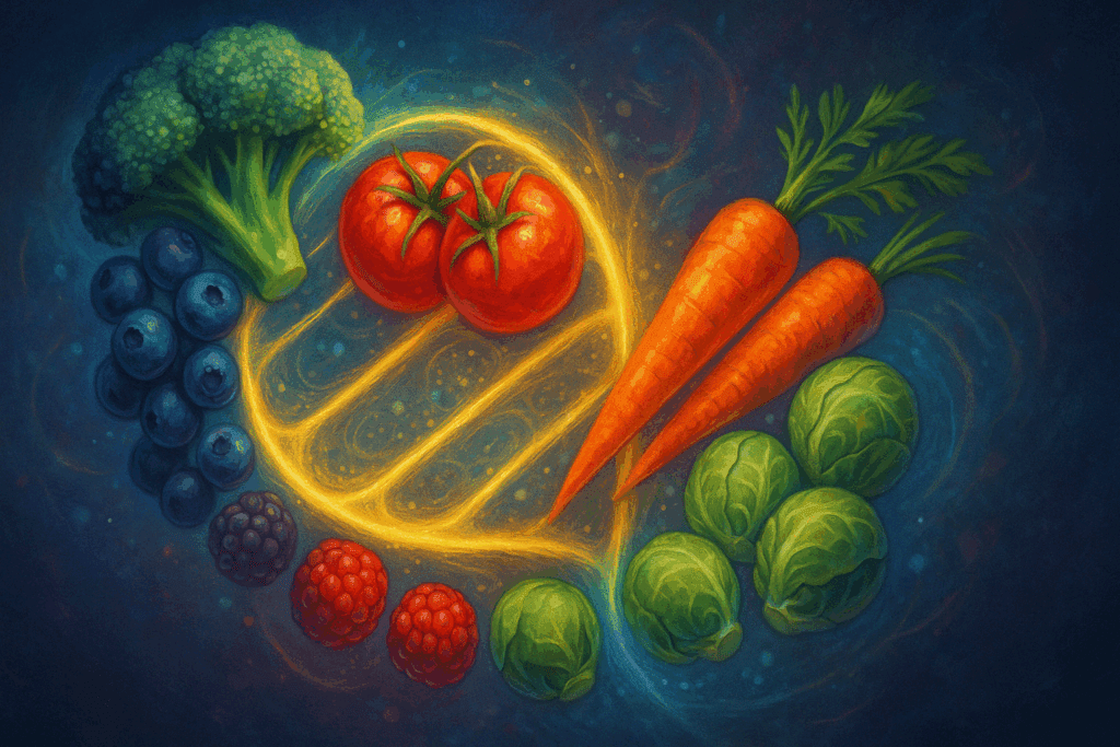 Artistic swirl of colorful produce including broccoli, berries, tomatoes, carrots, and Brussels sprouts symbolizing a fruit and vegetable diet for cancer prevention