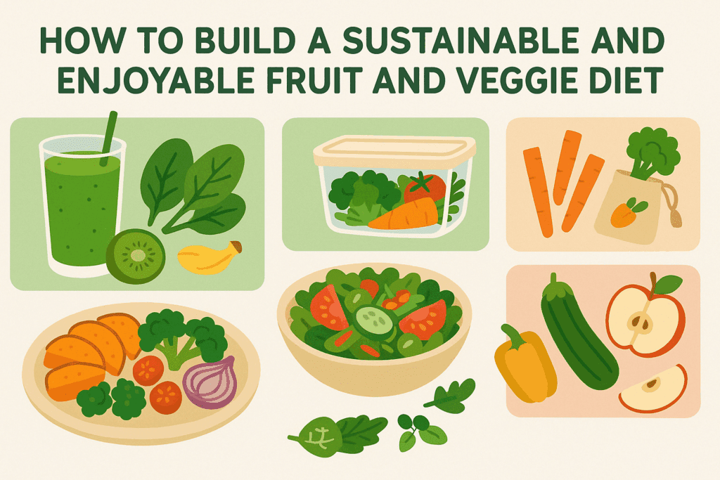 Infographic-style illustration showing a weekly fruit and vegetable diet with smoothies, salads, roasted veggie meals, and healthy snacks