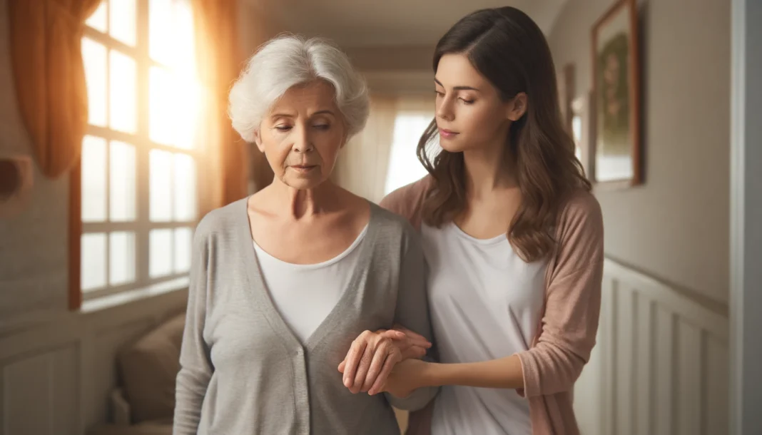 Elderly woman supported by daughter while walking through house, highlighting how to detect dementia