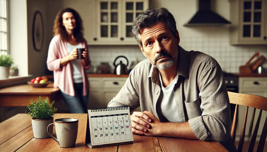 Middle-aged man confused by calendar at kitchen table, illustrating early signs in how to detect dementia